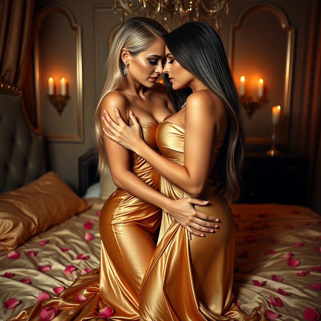 In an elegant London bedroom, two very glamorous big breasted women are enveloped in an intimate exchange of passion and lust