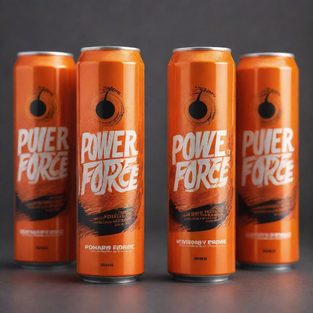 A boldly designed, orange-hued can of an energy drink named 'Power Force', with eye-catching graphics and dynamic fonts radiating a strong, energetic vibe.