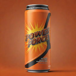 A boldly designed, orange-hued can of an energy drink named 'Power Force', with eye-catching graphics and dynamic fonts radiating a strong, energetic vibe.