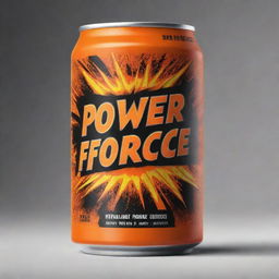 A boldly designed, orange-hued can of an energy drink named 'Power Force', with eye-catching graphics and dynamic fonts radiating a strong, energetic vibe.