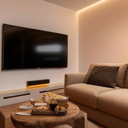 A cozy, modern TV room with a big flat-screen TV mounted on the wall, comfortable sofas, ambient lighting, and a coffee table laden with snacks.