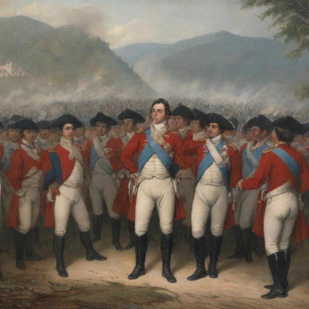 Historical scene depicting the moment when realism forces, led by Barreiro, surrender to Bolívar, marking the patriot victory at Boyacá.