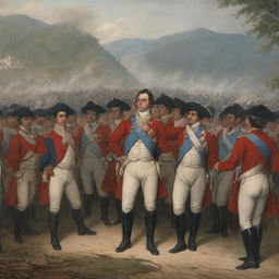 Historical scene depicting the moment when realism forces, led by Barreiro, surrender to Bolívar, marking the patriot victory at Boyacá.