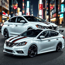 A 2016 Nissan Sentra SV in a sleek white finish, adorned with black 5-star rims and accented by a black and red trim