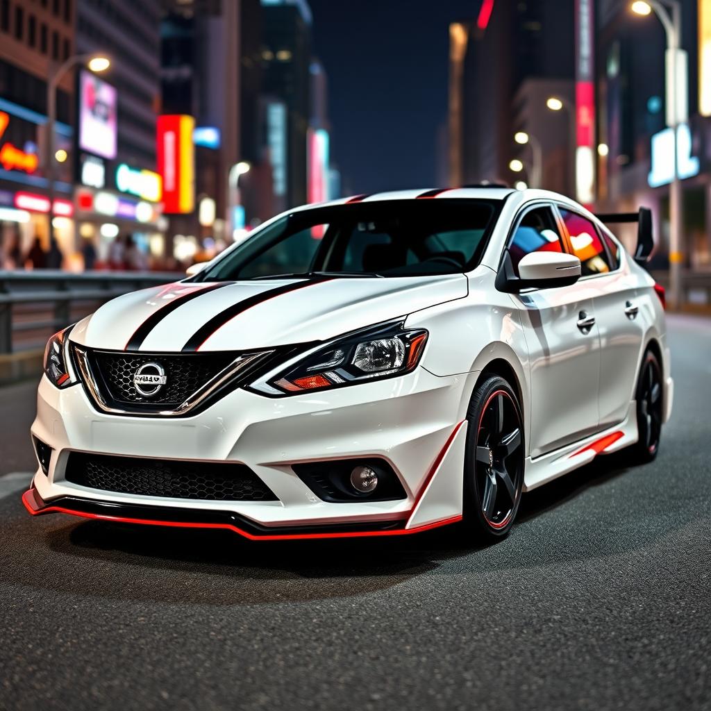 A 2016 Nissan Sentra SV in a sleek white finish, adorned with black 5-star rims and accented by a black and red trim