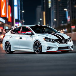 A 2016 Nissan Sentra SV in a sleek white finish, adorned with black 5-star rims and accented by a black and red trim