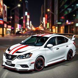 A 2016 Nissan Sentra SV in a sleek white finish, adorned with black 5-star rims and accented by a black and red trim