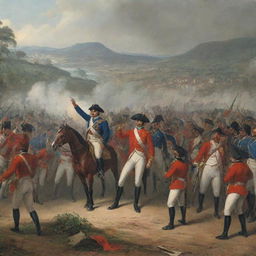 Historical scene depicting the moment when realism forces, led by Barreiro, surrender to Bolívar, marking the patriot victory at Boyacá.