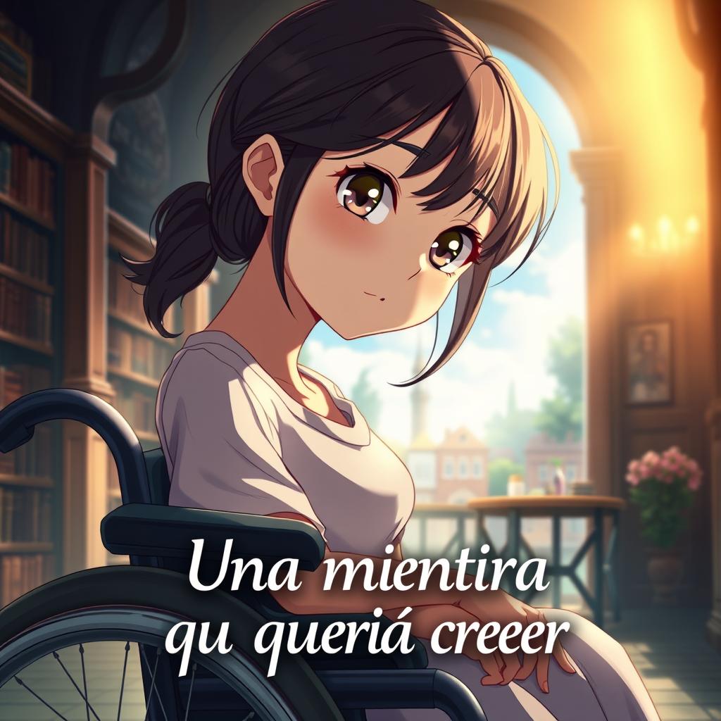 A realistic anime-style book cover of a romantic story titled "Una mentira que quería creer"