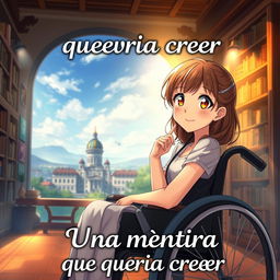 A realistic anime-style book cover of a romantic story titled "Una mentira que quería creer"