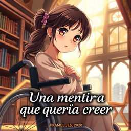 A realistic anime-style book cover of a romantic story titled "Una mentira que quería creer"