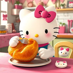 Hello Kitty sitting at a table, happily eating a delicious hojaldra