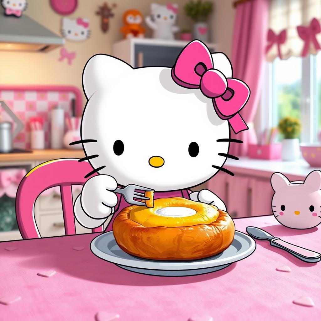 Hello Kitty sitting at a table, happily eating a delicious hojaldra