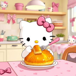 Hello Kitty sitting at a table, happily eating a delicious hojaldra