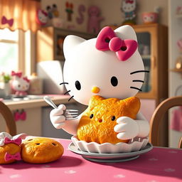 Hello Kitty sitting at a table, happily eating a delicious hojaldra