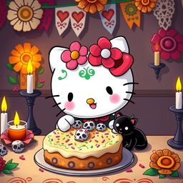 Hello Kitty joyfully eating a Día de Muertos hojaldra, adorned with colorful sugar skull patterns