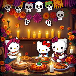 Hello Kitty and her friends enjoying "pan de muerto" during the Day of the Dead celebration