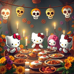 Hello Kitty and her friends enjoying "pan de muerto" during the Day of the Dead celebration