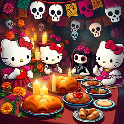 Hello Kitty and her friends enjoying "pan de muerto" during the Day of the Dead celebration