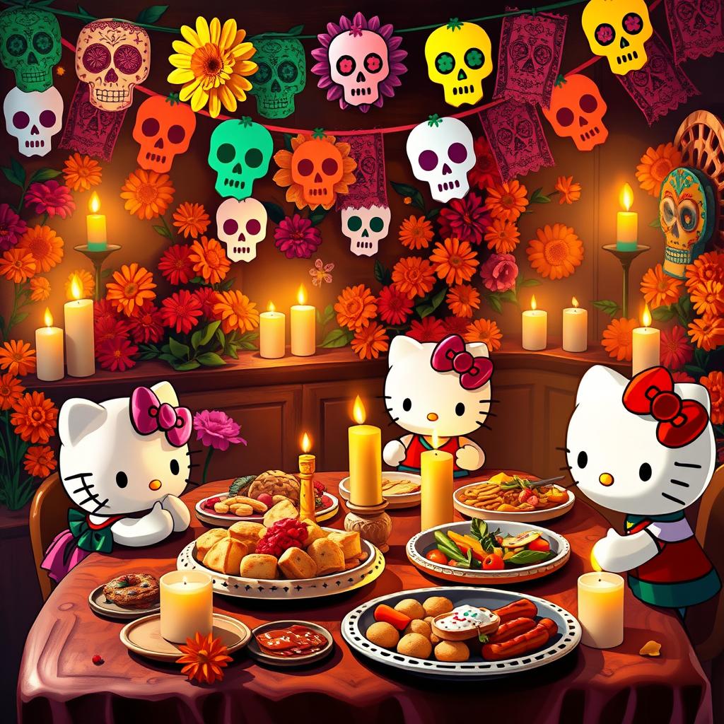 Hello Kitty and her friends enjoying "pan de muerto" during the Day of the Dead celebration