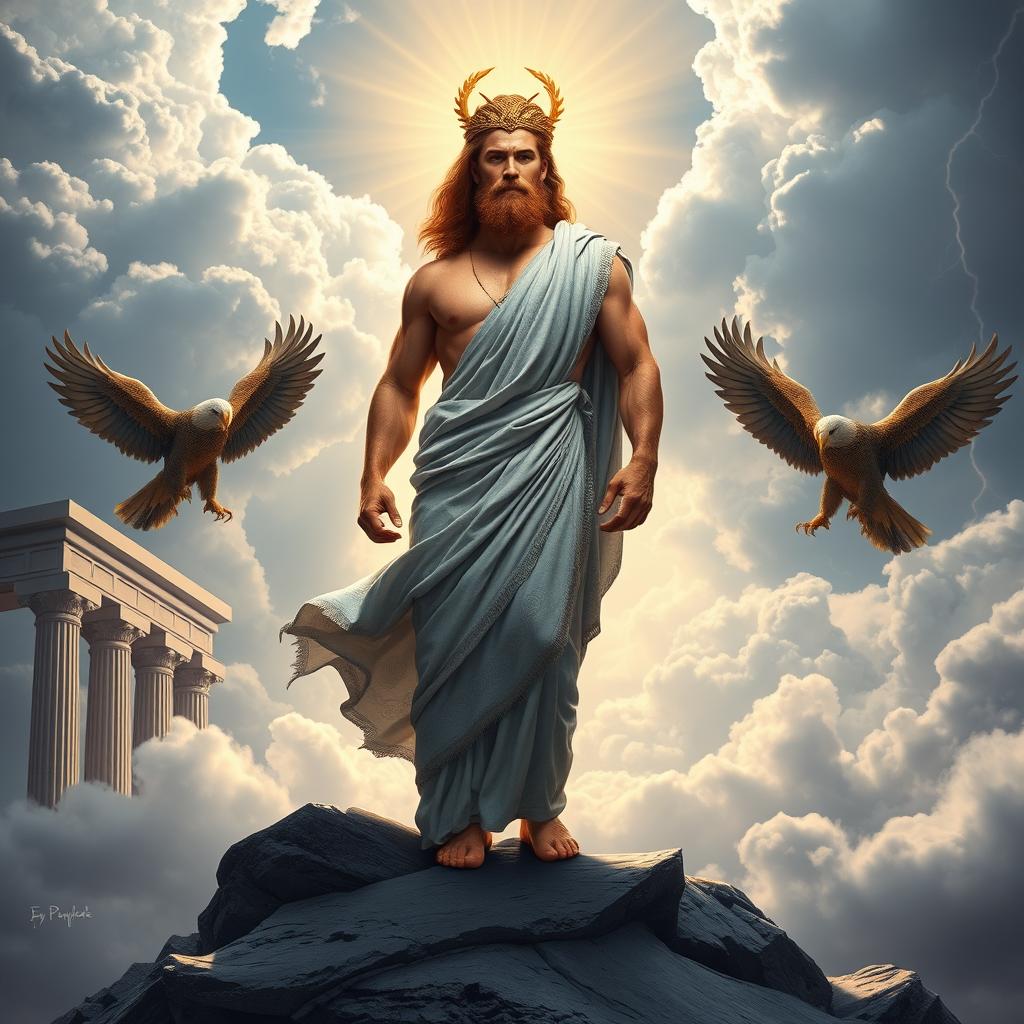 A majestic Greek god standing atop Mount Olympus, surrounded by clouds and bathed in divine light