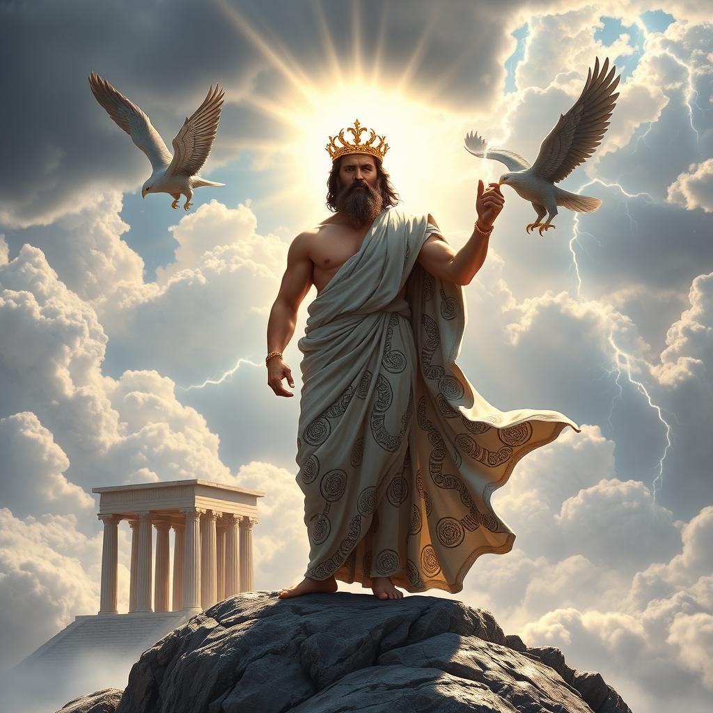 A majestic Greek god standing atop Mount Olympus, surrounded by clouds and bathed in divine light