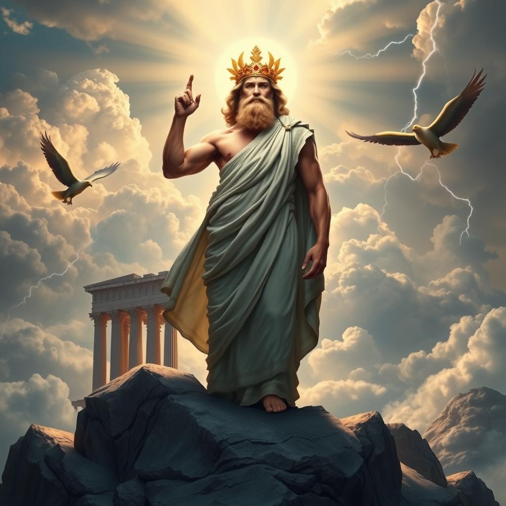 A majestic Greek god standing atop Mount Olympus, surrounded by clouds and bathed in divine light