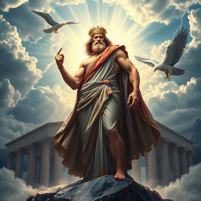 A majestic Greek god standing atop Mount Olympus, surrounded by clouds and bathed in divine light