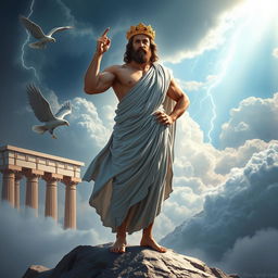 A majestic Greek god standing atop Mount Olympus, surrounded by clouds and bathed in divine light