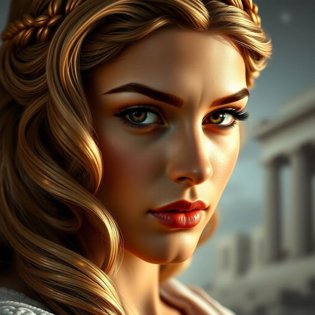 Close-up portrait of a Greek goddess with striking, classical features