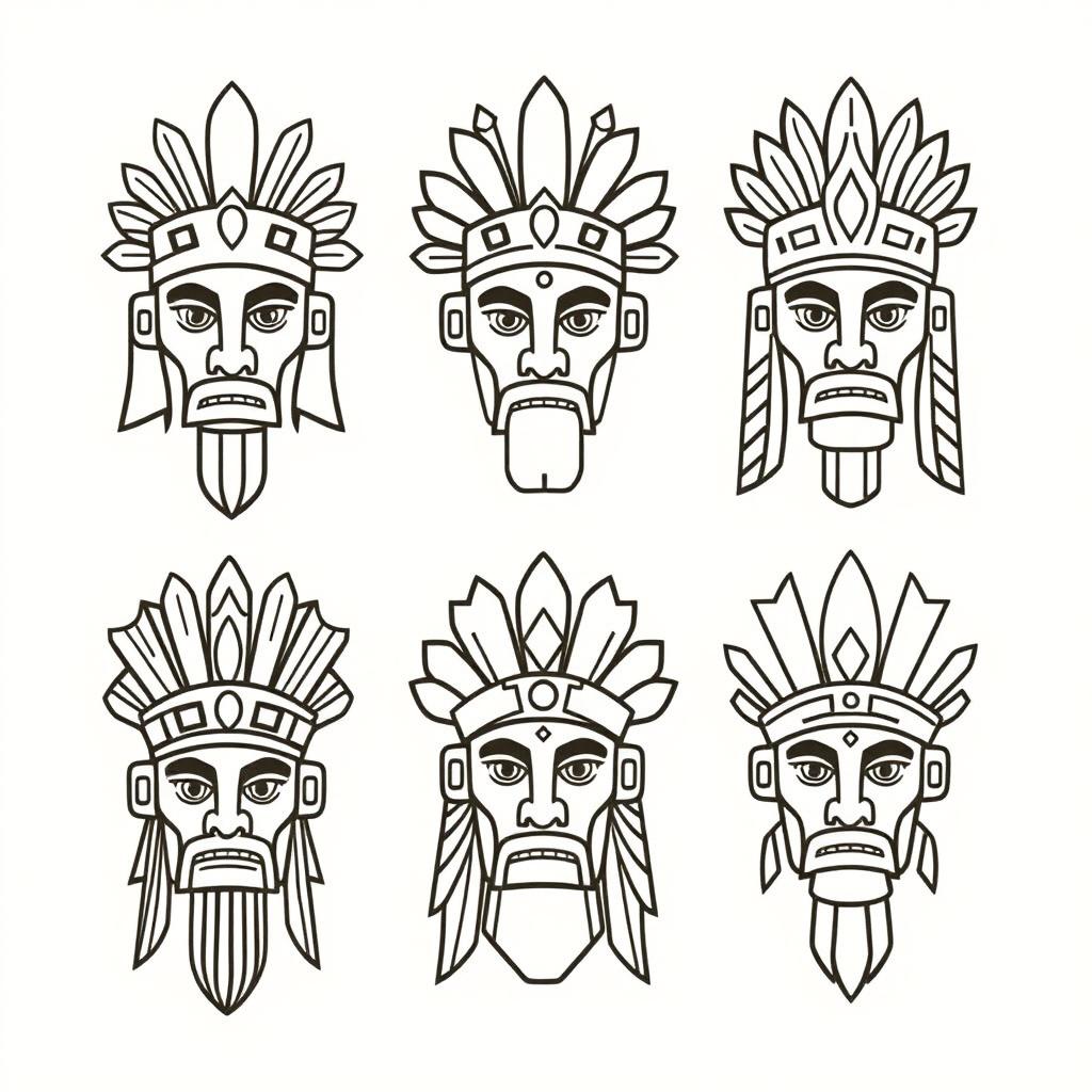 A collection of simple, easy-to-draw faces of Mexican gods, featuring distinct characteristics of Aztec and Mayan mythology