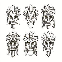 A collection of simple, easy-to-draw faces of Mexican gods, featuring distinct characteristics of Aztec and Mayan mythology