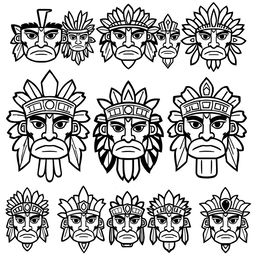 A collection of simple, easy-to-draw faces of Mexican gods, featuring distinct characteristics of Aztec and Mayan mythology