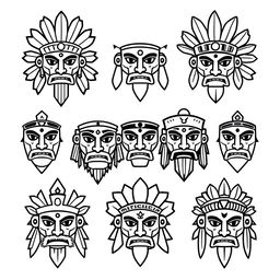 A collection of simple, easy-to-draw faces of Mexican gods, featuring distinct characteristics of Aztec and Mayan mythology