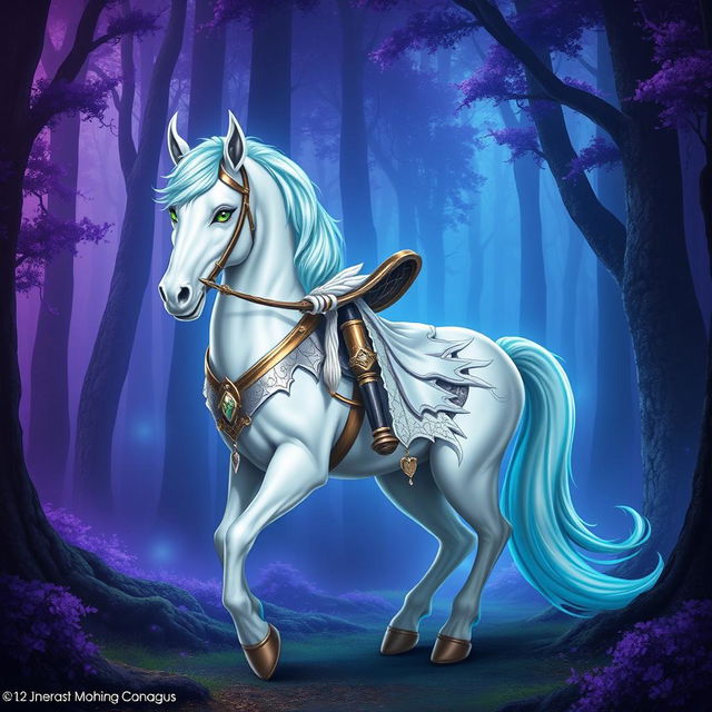 A majestic male centaur with a white lower body, featuring cyan short hair, striking green eyes, and fair skin