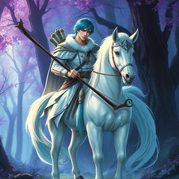 A majestic male centaur with a white lower body, featuring cyan short hair, striking green eyes, and fair skin