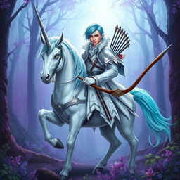 A majestic male centaur with a white lower body, featuring cyan short hair, striking green eyes, and fair skin