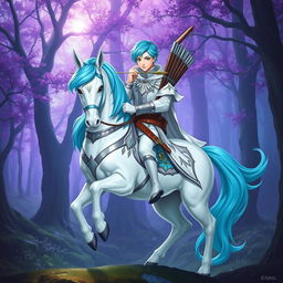 A majestic male centaur with a white lower body, featuring cyan short hair, striking green eyes, and fair skin