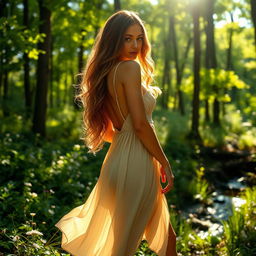 A sexy woman in nature, with luscious, wavy hair cascading down her back
