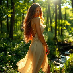 A sexy woman in nature, with luscious, wavy hair cascading down her back