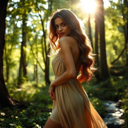 A sexy woman in nature, with luscious, wavy hair cascading down her back