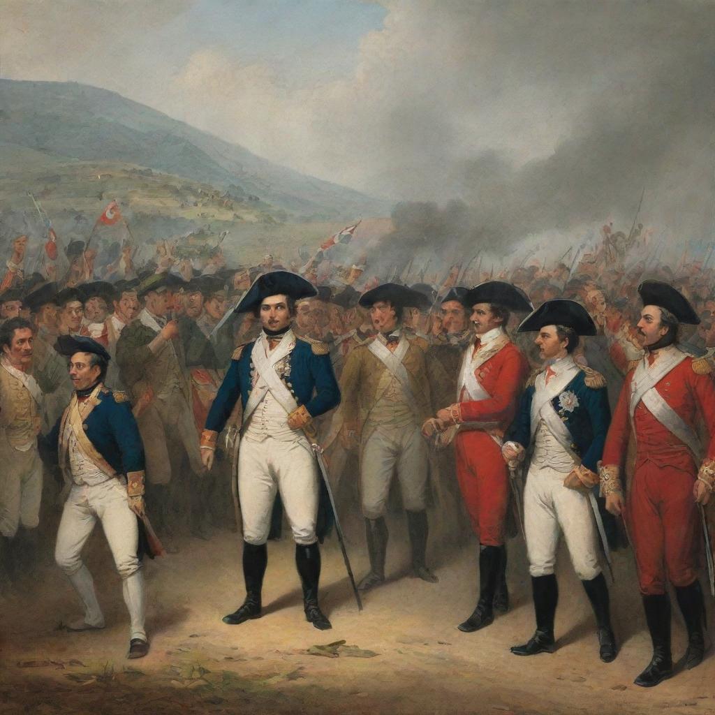 Historical scene depicting the moment when realism forces, led by Barreiro, surrender to Bolívar, marking the patriot victory at Boyacá.