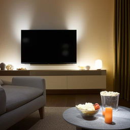 A cozy, modern TV room with a big flat-screen TV mounted on the wall, comfortable sofas, ambient lighting, and a coffee table laden with snacks.