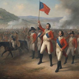 Historical scene depicting the moment when realism forces, led by Barreiro, surrender to Bolívar, marking the patriot victory at Boyacá.