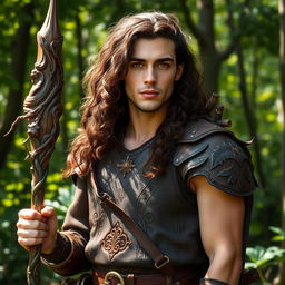 male half-elf druid, wearing rugged leather armor adorned with intricate natural patterns, standing confidently at 5'9"