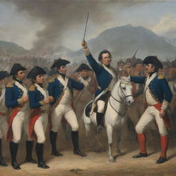 Historical scene depicting the moment when realism forces, led by Barreiro, surrender to Bolívar, marking the patriot victory at Boyacá.