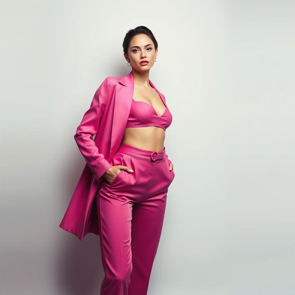 a full body portrait of a person with a vibrant pink outfit, artistic style, emphasizing elegance and beauty, soft lighting, capturing a confident pose