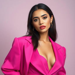 a full body portrait of a person with a vibrant pink outfit, artistic style, emphasizing elegance and beauty, soft lighting, capturing a confident pose