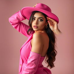 a full body portrait of a person with a vibrant pink outfit, artistic style, emphasizing elegance and beauty, soft lighting, capturing a confident pose