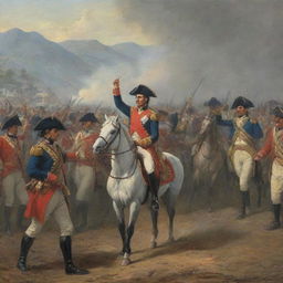 Historical scene depicting the moment when realism forces, led by Barreiro, surrender to Bolívar, marking the patriot victory at Boyacá.